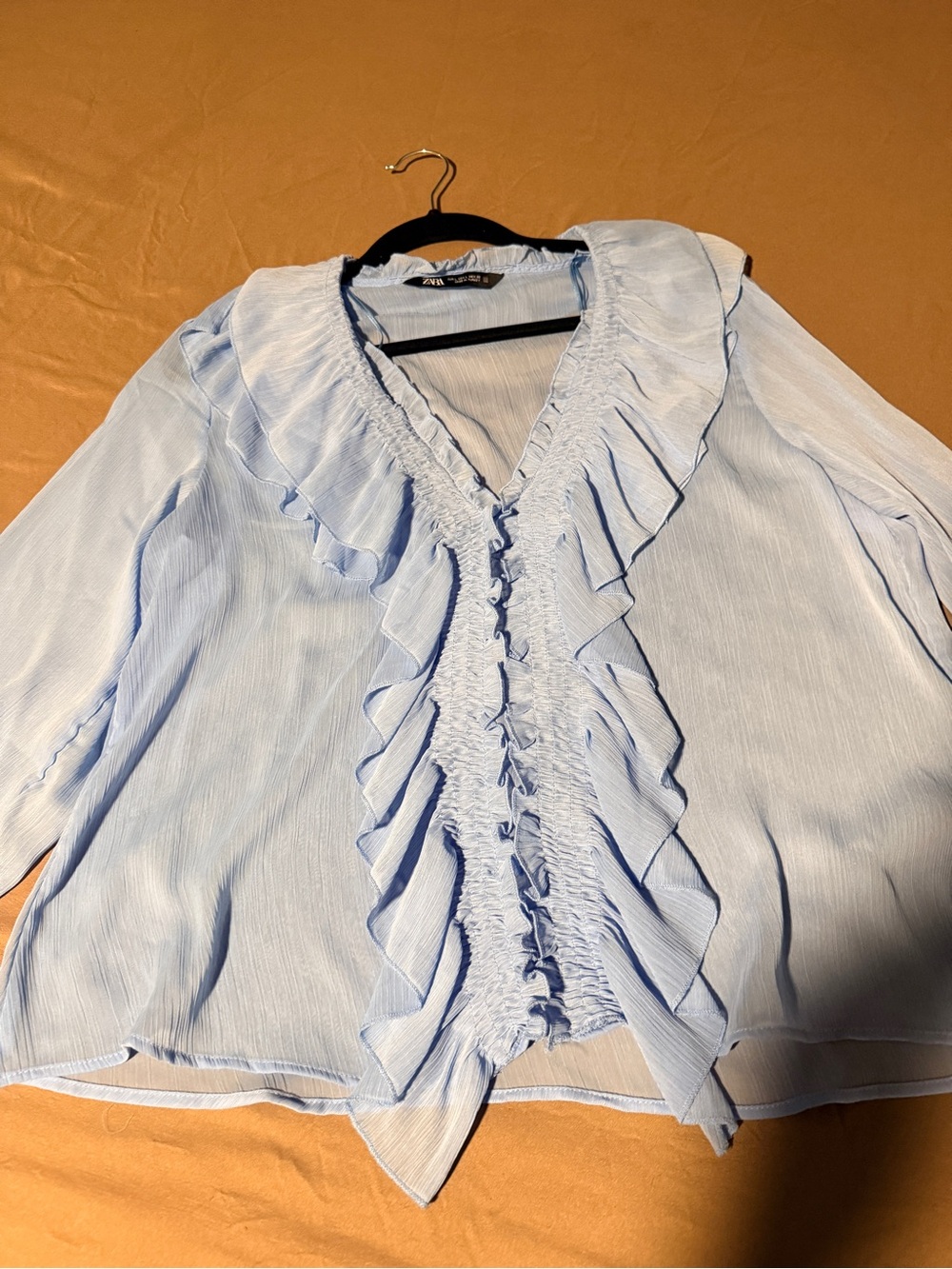 Zara Light Blue Ruffle Front Blouse